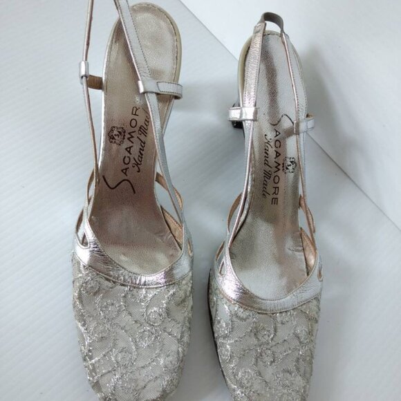 VINTAGE 60s SILVER SHOES Size 8 Narrow Sagamore Handmade Formal Cocktail Party - Picture 4 of 11
